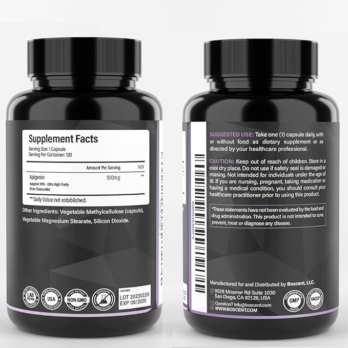 Apigenin Supplement 100mg from Chamomile Extract 120 Count - 98% purity- Apigenin Supplement for Sleep, Mood, Cognition, Prostate health - Excellent sleep aid, Non-GMO, No Fillers - 4-Month Supply