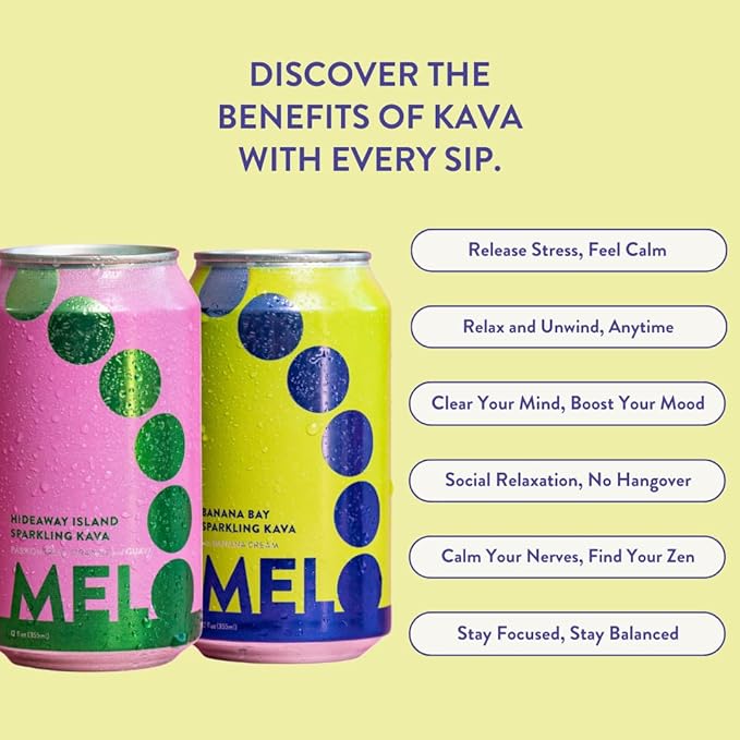 Melo Sparkling Kava Drink, Banana Cream, Sugar Free Non Alcoholic Drinks with Zero Calories, Gluten Free, Vegan, 100% Natural Mocktail with 100mg Kava Root per Drink, 6 Pack, 12 oz Cans