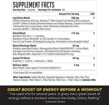 NDS Nutrition XT - Super Concentrated Thermogenic with L-Carnitine & Teacrine for Shredding Fat - Supports Maximum Energy, Focus, Calorie Burning, Diuretic, Appetite Control (60 Capsules)