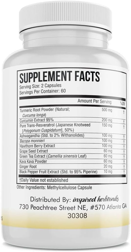 Turmeric Curcumin Resveratrol Nutritional Supplement, Antioxidant Properties, Supports Good Inflammation and Immune System, 120 Vegan Capsules