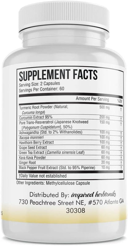 Turmeric Curcumin Resveratrol Nutritional Supplement, Antioxidant Properties, Supports Good Inflammation and Immune System, 120 Vegan Capsules