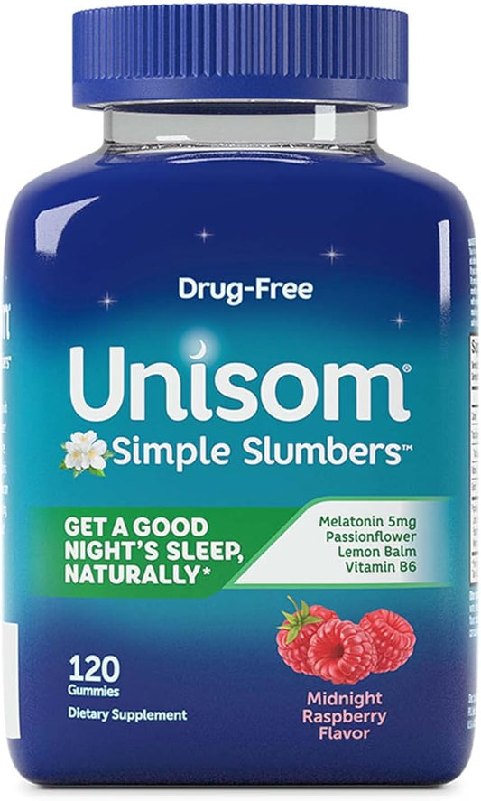Unisom Simple Slumbers Drug-Free Sleep Aid Gummies, Melatonin 5mg, Sleep Support for Adults, Midnight Raspberry Flavor, 120 Count