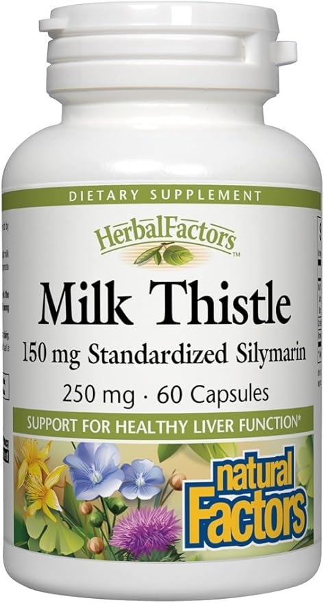 Natural Factors HerbalFactors, Milk Thistle 250 mg, Promotes Healthy Liver Function with Dandelion and Turmeric, 60 Capsules