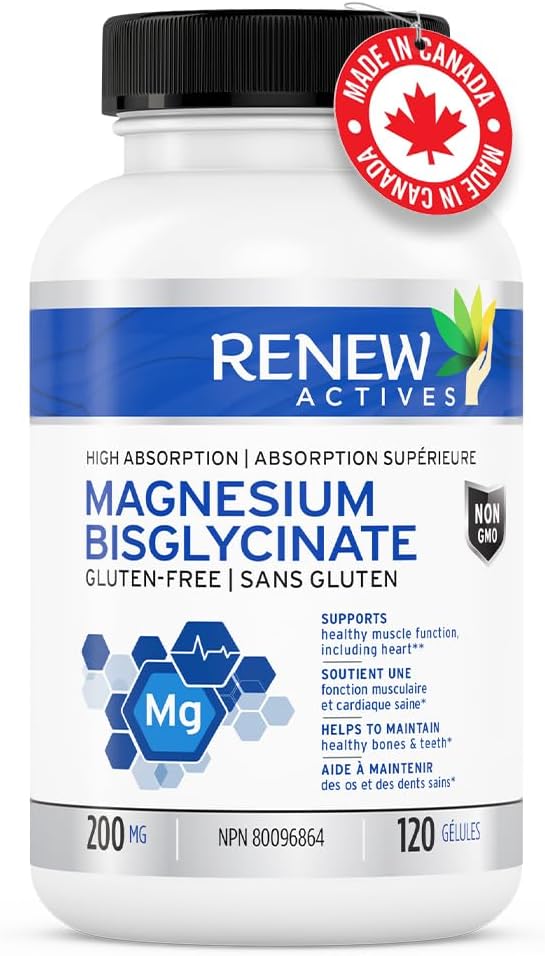 RENEW ACTIVES Magnesium Glycinate 400MG per 2 Capsules Pure Magnesium Bisglycinate for Full Body Relaxation, Sleep, Muscles, Bones & Energy - Electrolyte Balance - Made in Canada -120 Capsules