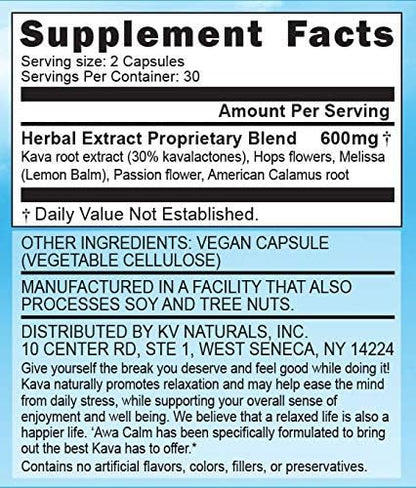 ‘Awa Calm Capsules - Kava-Based Herbal Supplement with 30% Kavalatone, Calamus Root, Passion Flower, Lemon Balm & Hops (60 Capsules)