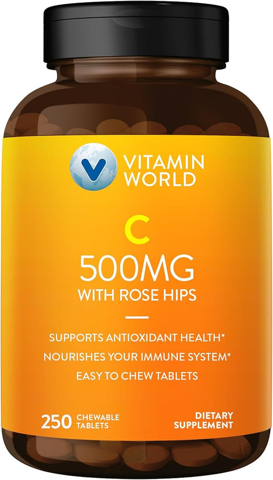 Vitamin World Vitamin C 500 mg with Rose HIPS Natural Orange Flavor, 250 Tablets