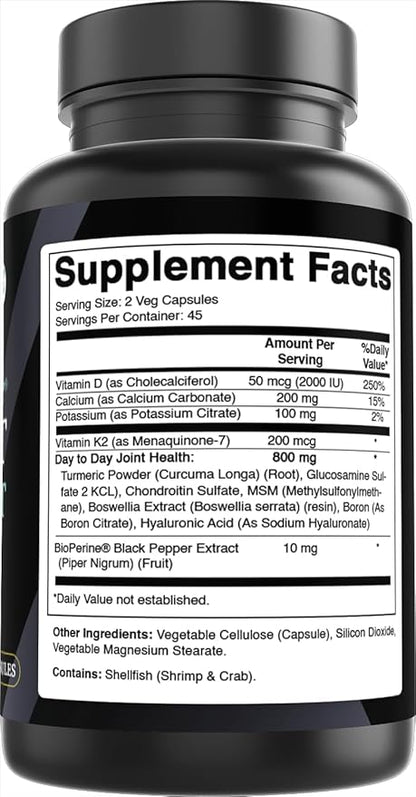 Best Naturals Day-to-Day Joint Support 90 Veg Capsules - Made with Vitmain D, K2, Calcium, Potassium, Turmeric, Glucosamine, Chondroitin, MSM