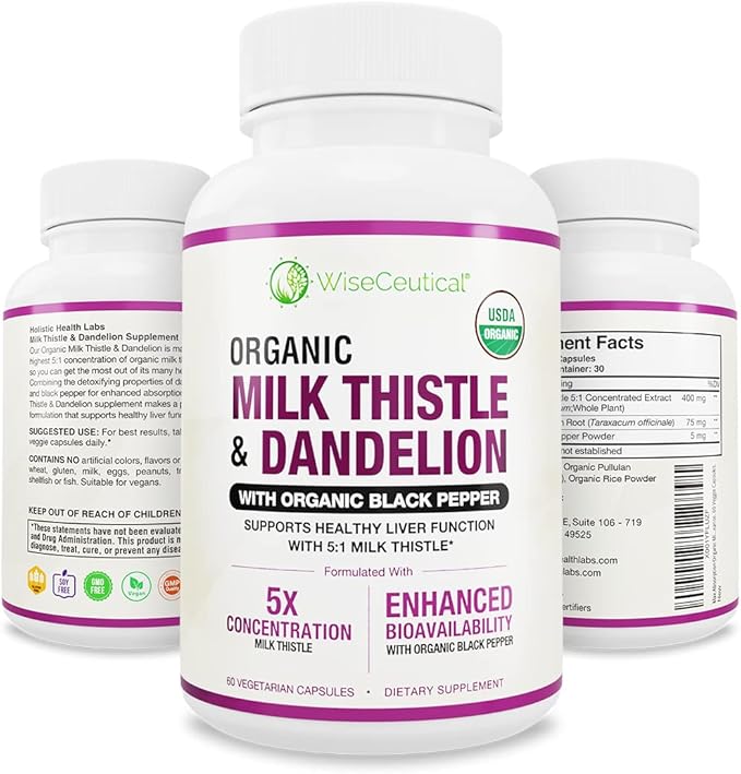 Max Absorption USDA Organic Milk Thistle Potent 5:1 Concentrated Extract (2000mg Strength) & Organic Dandelion Root | Silymarin Antioxidant Flavonoid | Liver Support Supplement (60 Count (Pack of 1))