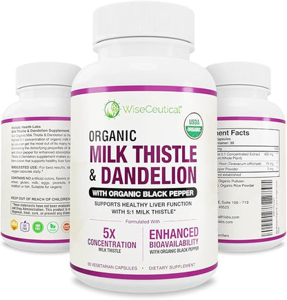 Max Absorption USDA Organic Milk Thistle Potent 5:1 Concentrated Extract (2000mg Strength) & Organic Dandelion Root | Silymarin Antioxidant Flavonoid | Liver Support Supplement (60 Count (Pack of 1))