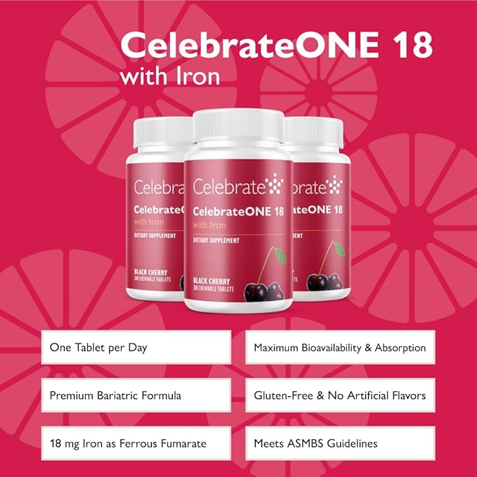 Celebrate Vitamins CelebrateONE 18 Chewables, 18mg Iron - One A Day Bariatric Multivitamin, Essential Vitamins & Minerals - Gastric Bypass & Sleeve Gastrectomy Supplement - Black Cherry (90 Tablets)