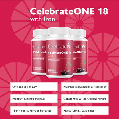 Celebrate Vitamins CelebrateONE 18 Chewables, 18mg Iron - One A Day Bariatric Multivitamin, Essential Vitamins & Minerals - Gastric Bypass & Sleeve Gastrectomy Supplement - Black Cherry (90 Tablets)