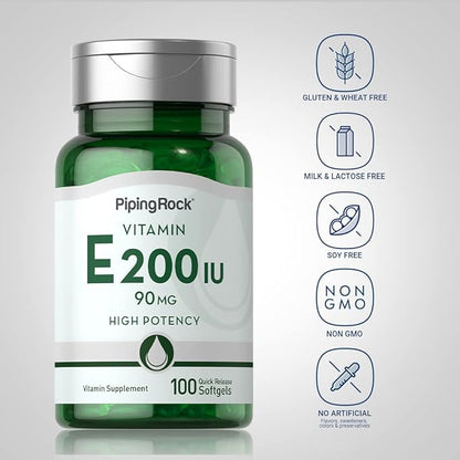 Piping Rock Vitamin E 200 IU | 90mg | 100 Softgel Capsules | High Potency Supplement | Non-GMO, Gluten Free