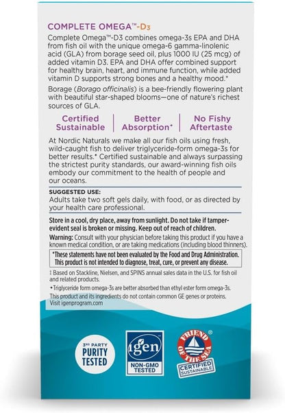 Nordic Naturals Complete Omega-D3, Lemon Flavor - 60 Soft Gels - 565 mg Omega-3 + 70 mg GLA + 1000 IU Vitamin D3 - EPA & DHA - Healthy Skin, Cognition, & Positive Mood - Non-GMO - 30 Servings