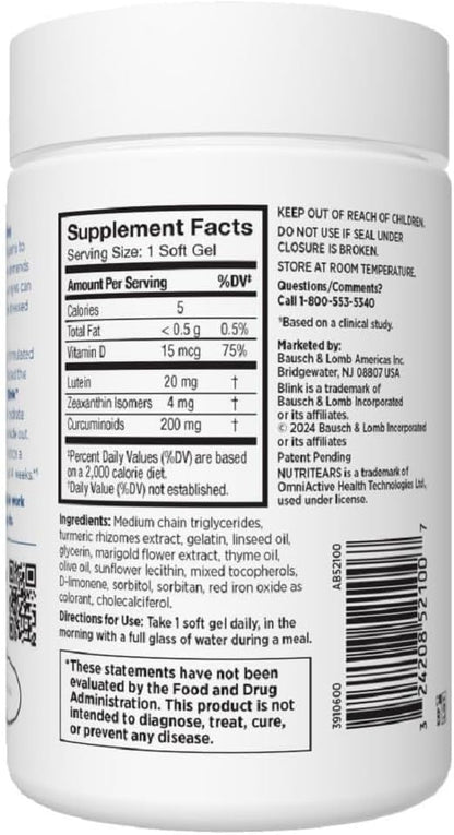 BLINK NutriTears Clinically Proven Supplement for Dry Eyes, Eye Care with Lutein & Zeaxanthin and Vitamin D to Hydrate Eyes from Within for Long-Lasting Relief, 50 Softgels
