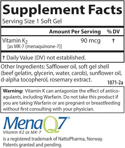 Carlson - Vitamin K2 MK-7 (Menaquinone), 90 mcg, Bone Support, Calcium Bioavailability, K2 Vitamin, Vitamin K-2, 60 Softgels