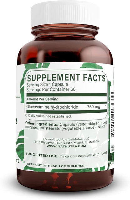 Natural Nutra Vegan and Vegetarian Glucosamine Hydrochloride for Men and Women, Kosher, Shellfish Free, Help Muscles Gristle & Joint Health, Plant Based, Joint Support Supplement, 750mg, 60 Capsules