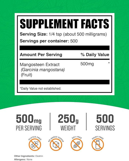 BulkSupplements.com Mangosteen Extract Powder - Superfood Supplement, from Mangosteen Fruit, Mangosteen Powder - Gluten Free, 500mg per Serving, 250g (8.8 oz) (Pack of 1)