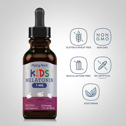 Piping Rock Kids Melatonin Liquid 1 fl oz | 1mg | Pack of 3 Bottles | Berry Flavor Drops | Non-GMO, Gluten Free Supplement