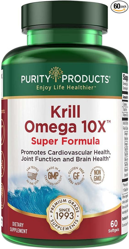 Purity Products Krill Omega-3 10x more EPA and DHA Super Formula Premium PhosphoBoost Krill Oil + Astaxanthin - Supports Joint Comfort + Flexibility - No Fish Burps LemonLock System - 60 SoftGels