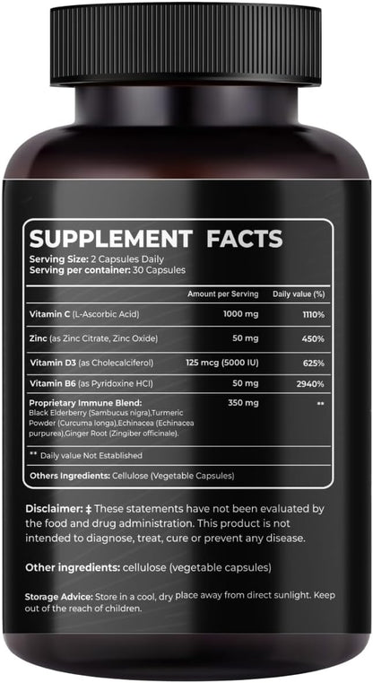 Nutraceuticals 8-in-1 Immune Support Supplement with Echinacea, Vitamin C, Zinc 50mg, Vitamin D 5000 IU, Turmeric Curcumin, Ginger, B6, and Elderberry – 60 Capsules