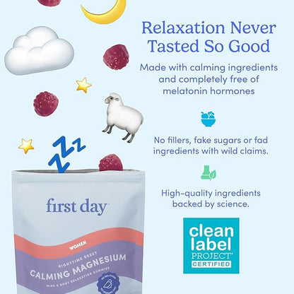 First Day Women’s Nighttime Reset Calming Magnesium Gummies – Sleep Aid Supports Peaceful Rest, Balanced Mood & Energy – Supplement with Magnesium Citrate, L-Theanine & No Melatonin – 60-Day Supply