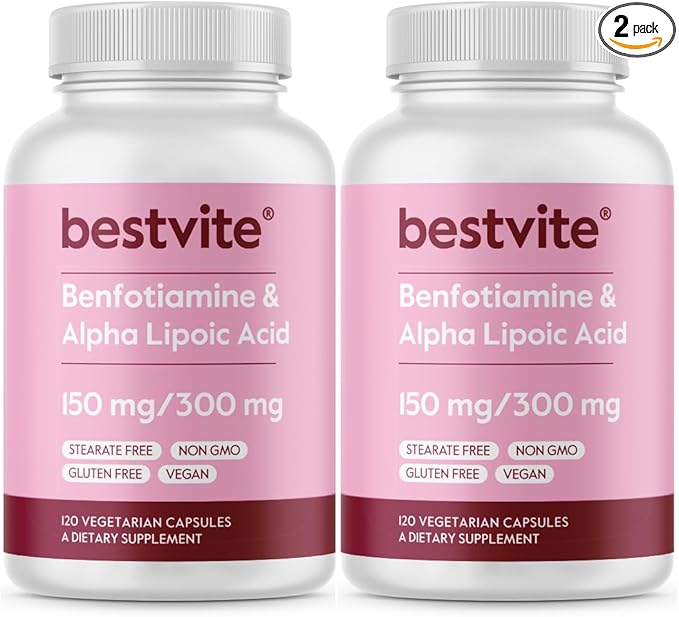 BESTVITE Benfotiamine 150mg / Alpha Lipoic Acid 300mg (240 Vegetarian Capsules)(120x2) - No Stearates - Vegan - Gluten Free - Non GMO