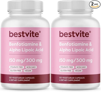 BESTVITE Benfotiamine 150mg / Alpha Lipoic Acid 300mg (240 Vegetarian Capsules)(120x2) - No Stearates - Vegan - Gluten Free - Non GMO