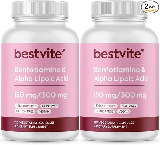BESTVITE Benfotiamine 150mg / Alpha Lipoic Acid 300mg (240 Vegetarian Capsules)(120x2) - No Stearates - Vegan - Gluten Free - Non GMO