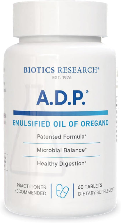 Biotics Research A.D.P.- Emulsified Oil of Oregano -Patented Formula, Wild Oregano Oil –50mg/S- Highly Concentrated Carvacrol - Sustained Release for High Absorption, GI Health –60 Tablets