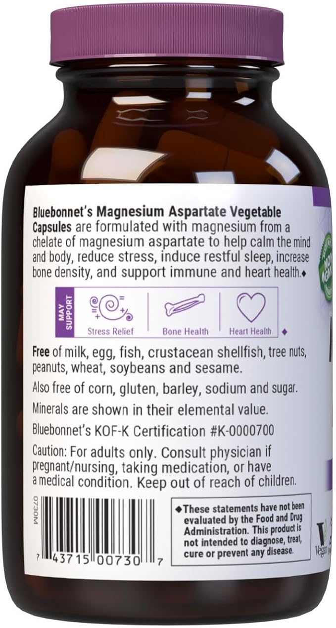 Bluebonnet Nutrition Magnesium 400 mg Chelated Magnesium Aspartate Daily Mineral, Heart & Bone Support* Supplement for Men & Women Vegan, Non-GMO - 100 Vegetable Capsules