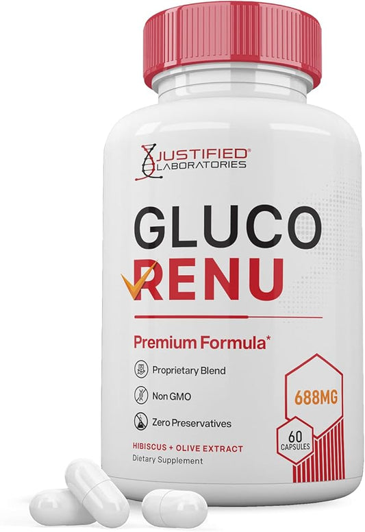 Gluco Renu 688MG Glyco Support Pills Premium Formula Gluo Renew Glycogen Support Formulated Hawthrone Hibiscus Garlic Junpier Powder Olive Forskolin Green Tea Extract 60 Capsules