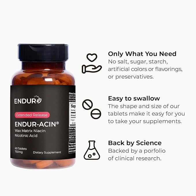 ENDUR-ACIN, Extended Release Niacin for Optimal Absorption & Flush Free Niacin, Premium Vitamin B3 Niacin Supplements, 750mg, 60 Tablets