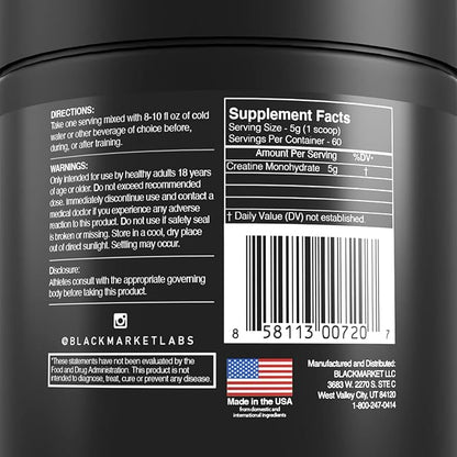 BLACKMARKET RAW Creatine - Workout Powder Drink Mix for Men & Women, Improve Muscle Size, Strength, Definition, Provides Rapid Absorption & Improves Performance, 300 Grams