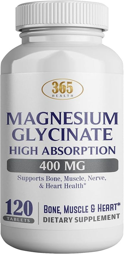 365 Health Magnesium Glycinate, 400mg Per Serving, 120 Tablets, High Absorption Supplement for Bone, Muscle & Heart Health