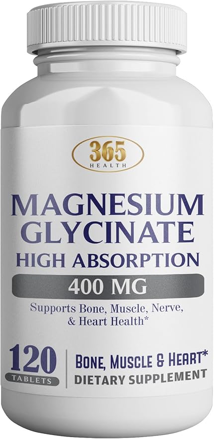 365 Health Magnesium Glycinate, 400mg Per Serving, 120 Tablets, High Absorption Supplement for Bone, Muscle & Heart Health
