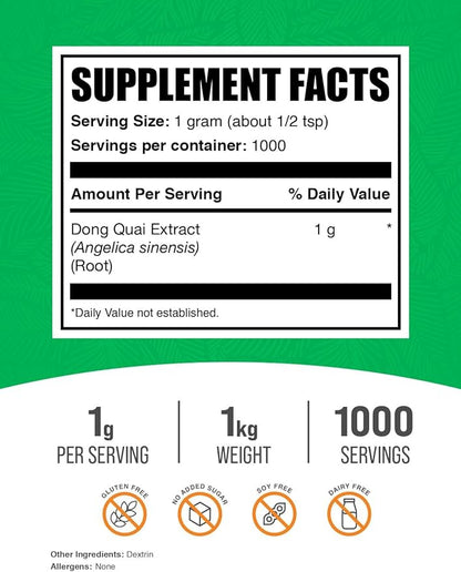 BulkSupplements.com Dong Quai Root Extract Powder - Angelica Root Powder, Dong Quai Herbal Supplements - Vegan & Gluten Free, 1000mg per Serving, 1kg (2.2 lbs) (Pack of 1)