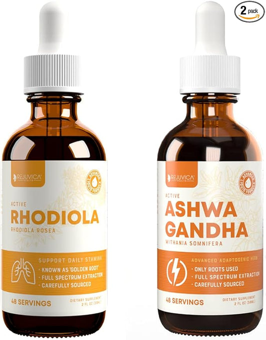 Rejuvica Health Active Rhodiola + Active Ashwagandha - Support Energy + Stress - Liquid Delivery for Better Absorption - Rhodiola Root & Ashwagandha Root