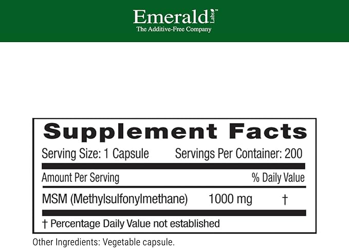 EMERALD LABS MSM 1000mg - Joint, Liver & Immune Support Supplement with Methylsulfonylmethane - Gluten-Free & Additive-Free - 200 Vegetable Capsules (Up to 100-Day Supply)