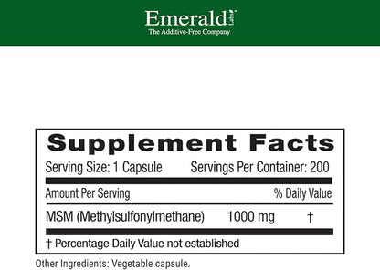 EMERALD LABS MSM 1000mg - Joint, Liver & Immune Support Supplement with Methylsulfonylmethane - Gluten-Free & Additive-Free - 200 Vegetable Capsules (Up to 100-Day Supply)