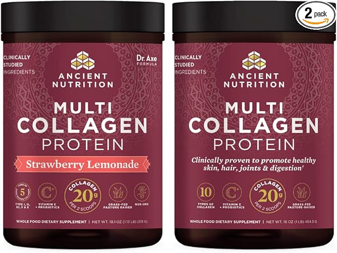 Ancient Nutrition Multi Collagen Protein Powder, Strawberry Lemonade, 45 Servings + Multi Collagen Protein Powder, Unflavored, 45 Servings