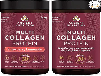 Ancient Nutrition Multi Collagen Protein Powder, Strawberry Lemonade, 45 Servings + Multi Collagen Protein Powder, Unflavored, 45 Servings