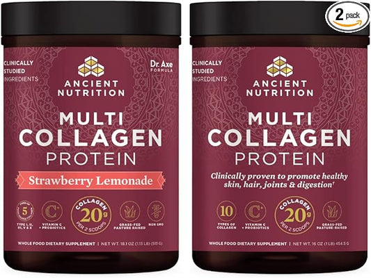 Ancient Nutrition Multi Collagen Protein Powder, Strawberry Lemonade, 45 Servings + Multi Collagen Protein Powder, Unflavored, 45 Servings