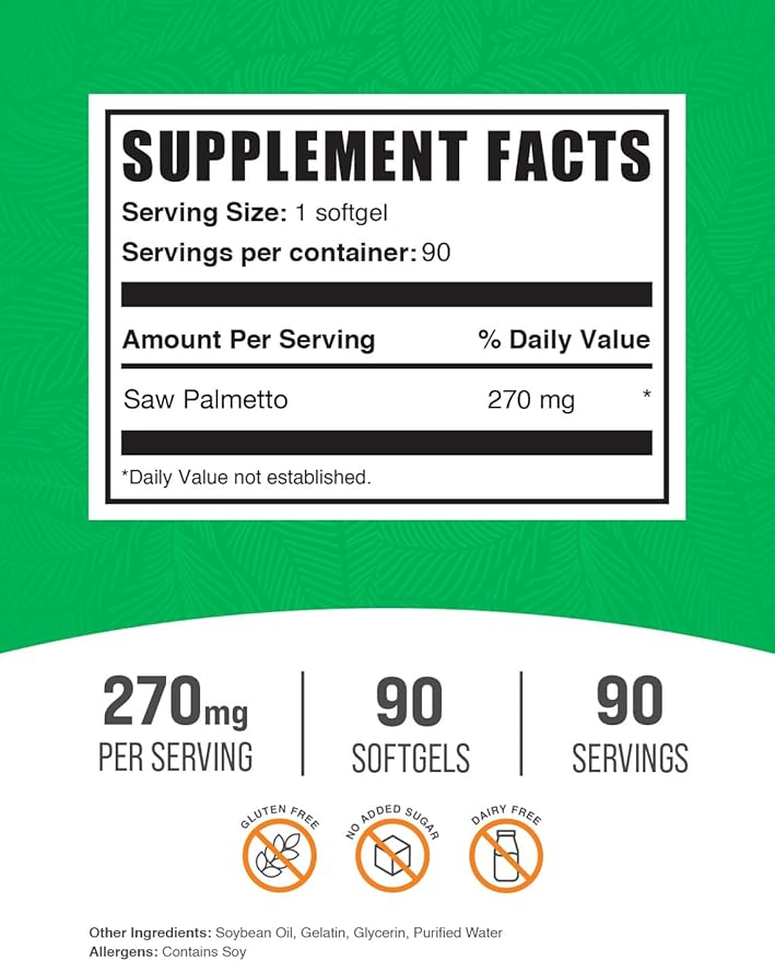 BulkSupplements.com Saw Palmetto Softgels - Saw Palmetto Supplement, Saw Palmetto 270mg - Herbal Supplement, Gluten Free, 1 Softgel per Serving, 90 Count (Pack of 1)