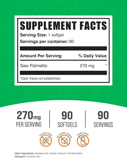 BulkSupplements.com Saw Palmetto Softgels - Saw Palmetto Supplement, Saw Palmetto 270mg - Herbal Supplement, Gluten Free, 1 Softgel per Serving, 90 Count (Pack of 1)