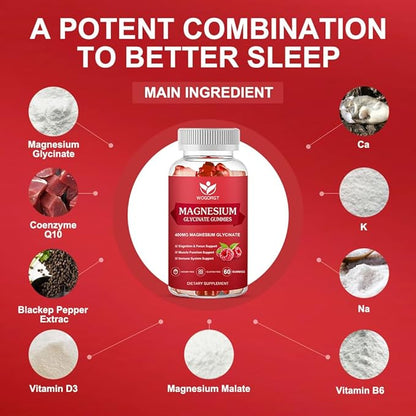 400mg Magnesium Glycinate Gummies with 200mg Magnesium Malate, Vitamin D, B6, and CoQ10, Magnesium Glycinate Supplement for Relaxation and Cognition, Sugar Free, Raspberry Flavor - 60 Gummies