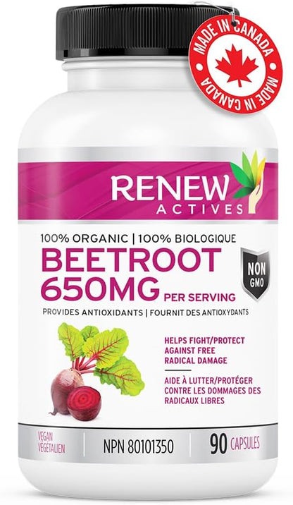 Renew Actives Organic Beetroot Supplement 1300MG per 2 Capsules - Pure Beetroot Powder for Circulation, Natural Energy, & Antioxidant Benefits - High-Potency Superfood, Made in Canada - 90 Capsules