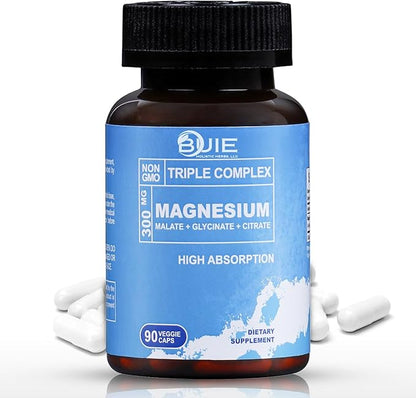 BUIE Triple Complex Magnesium 300mg | High Absorption Magnesium Glycinate, Citrate & Malate Supplement | Supports Muscle Strength, Metabolism, Heart & Bone Health | Vegan Non-GMO | 90 Capsules