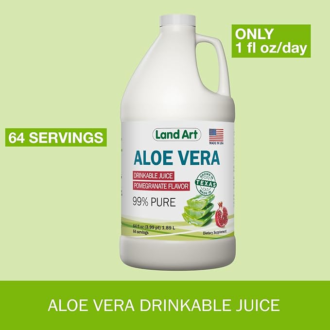 Land Art Pure Aloe Vera Juice - Pomegranate Flavored - Cold-Processed - Inner Filet from Organic Fresh Leaves from Texas - Aid- 64 fl oz
