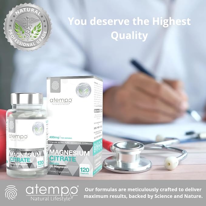 Magnesium Citrate, for Metabolism, Enzyme Function, Electrolyte Balance, Stress, Nerves & Muscles Health* Professional Grade High Absorption, NO FILLERS-ADDITIVES, 120 Vegan Capsules Delay Release