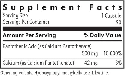 Allergy Research Group Pantothenic Acid - Vitamin B5 for Men & Women, Calcium, 500mg Supplement, Pure, Organic, Vegetarian Capsules - 90 Count